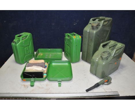 A TWENTY LITRE 'JERRY' CAN, A 10ltr Jerry can and a Kraftstoff 5ltr can set comprising of two 5ltr Jerry cans, a central tool