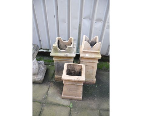 THREE VINTAGE CHIMNEY POTS including two taller and one shorter 79cm ,72cm and 51cm respectively (some minor cracking to midd