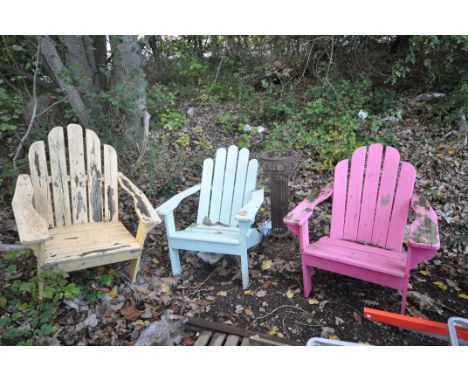 THREE ADIRONDACK STYLE GARDEN CHAIRS painted in different colours (Condition: weathered but sturdy) width 77cm and an ornate 
