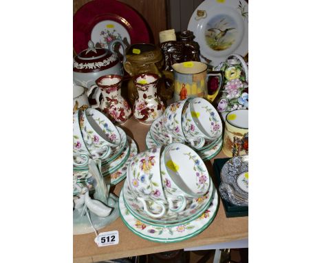 A GROUP OF CERAMICS AND MINTON 'HADDON HALL' PATTERN TEA WARES, comprising six tea cups (three are marked as second quality),