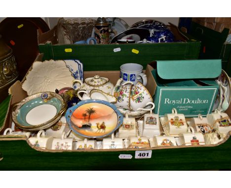 TWO BOXES OF CERAMICS, to include nineteen pieces of Crested Ware, cheese dishes, a Wedgwood glass paperweight, a Spode Copel