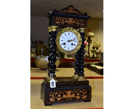 A FRENCH PORTICO CLOCK, inlaid foliate design, ebonized twisted columns, height 44cm (1) (Condition report: historic worm hol