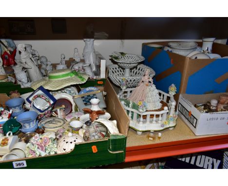 FOUR BOXES OF CERAMICS AND SUNDRIES, to include two miniature mantel clocks, a miniature alarm clock, an Atlantis crystal Alf