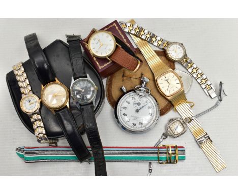 AN ASSORTMENT OF WRISTWATCHES AND A STOP WATCH, seven wristwatches, names to include Pulsar, Ingersoll, Sekonda, Pieve Nicol,
