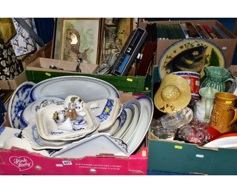 FOUR BOXES OF CERAMICS AND ASSORTED SUNDRIES, to include a large vintage terracotta wall plaque, a child's tin drum (drum sti