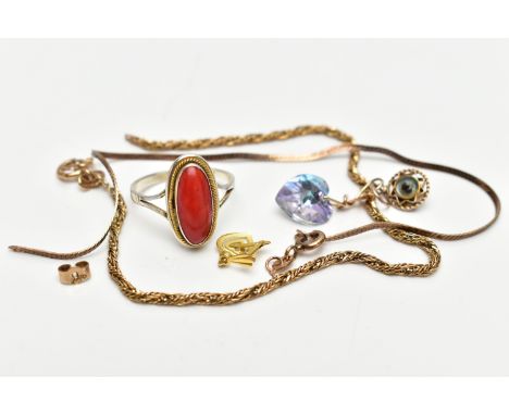 TWO BROKEN BRACELETS A RING AND EARRING, to include a flat herring bone bracelet fitted with a spring clasp stamped 375 (brok