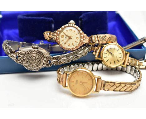 A 9CT GOLD WRISTWATCH AND THREE OTHER WRISTWATCHES, a hand wound movement, round dial signed 'Avia', Arabic numerals at the t