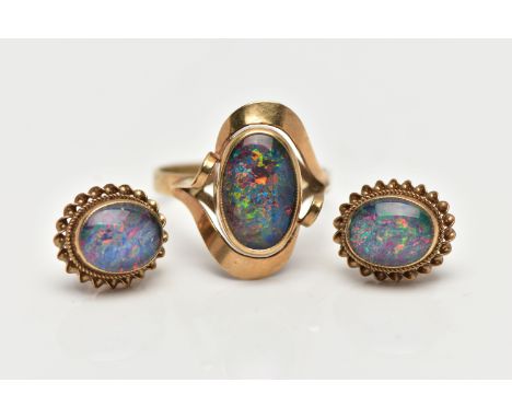 AN OPAL TRIPLET RING AND PAIR OF EARRINGS, the ring designed with an oval opal triplet cabochon, milgrain collet setting, bet