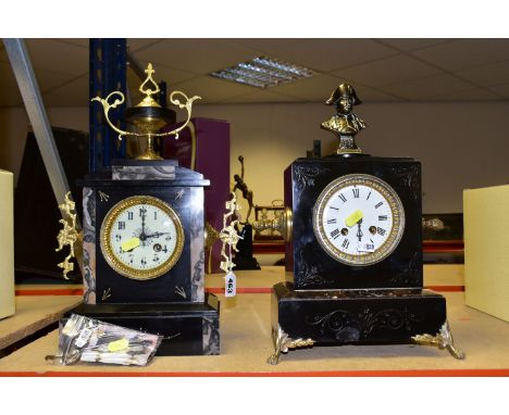 A BLACK SLATE FRENCH CLOCK WITH TRADITIONAL FINIAL AND GILT HANDLES, TOGETHER WITH A FRENCH BLACK SLATE CLOCK SURMOUNTED WITH