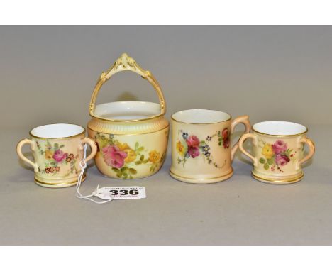 FOUR PIECES OF ROYAL WORCESTER BLUSH IVORY WARES, each printed and tinted with flowers, with green printed marks to the base,