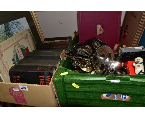 TWO BOXES OF BOOKS AND SUNDRIES, to include a boxed Hornby Railway R.015 Milk Wagon U.D, a boxed Hornby Railway R.090 Princes