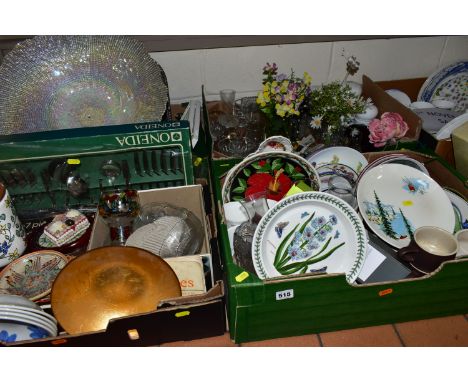 FIVE BOXES OF CERAMICS AND KITCHENWARES, to include a Portmeirion 'Botanic Garden' pattern plate, a boxed 44 piece set of One