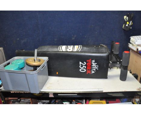 A SELECTION OF EXERCISE EQUIPMENT, including a J Sport Heavy bag (no frame), a York 250 Weight bench seat (no frame), a box c