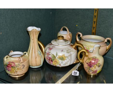 SIX PIECES OF ROYAL WORCESTER BLUSH IVORY PORCELAIN, comprising a teapot printed and tinted with flowers, having a gold handl