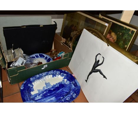 A BOX AND LOOSE SUNDRY ITEMS ETC, TO INCLUDE AN ENOCH WEDGWOOD FLOW BLUE PLATTER, depicting Windsor Castle approximate length