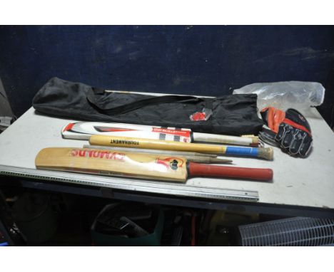 A BAG CONTAINING SPORTING EQUIPMENT including a Gray Nicholls Millenium cricket bat 84cm long, a Symonds Super Tusker cricket