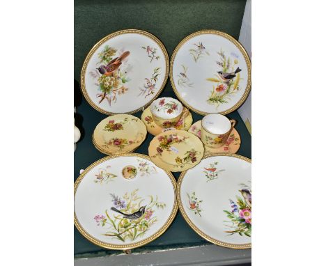 A GROUP OF ROYAL WORCESTER PORCELAIN, comprising four nineteenth century plates hand painted with birds perched amongst flowe