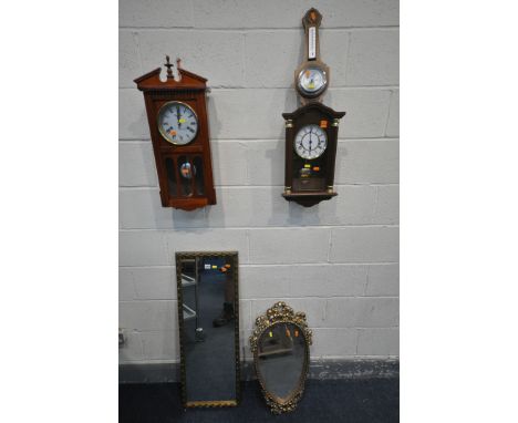 A RECTANGULAR GILT FRAME WALL MIRROR, 96cm x 35cm, a droplet shaped wall mirror, with foliate detailing, a mahogany 31 day wa