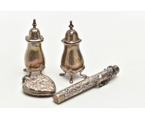 AN EARLY 20TH CENTURY SILVER CHATALIANE THERMOMETER CASE AND OTHER ITEMS, decorated with a scrolling foliate design with vaca