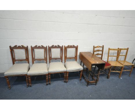 AN OAK BARLEY TWIST GATE LEG TABLE, four Edwardian dining chairs, and three other chairs (8)