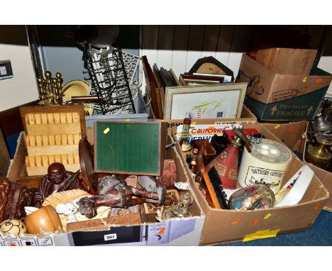 SEVEN BOXES AND LOOSE TREEN, METALWARES, PICTURES AND SUNDRY ITEMS, to include a Redex 'The Oil &amp; Fuel Additive' oil can,