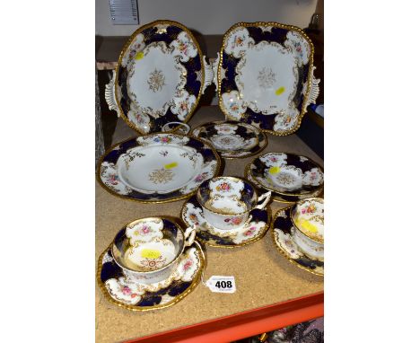 A GROUP OF COALPORT COBALT BLUE AND GILT BATWING TEA WARES, comprising a square twin handled serving dish, a circular twin ha