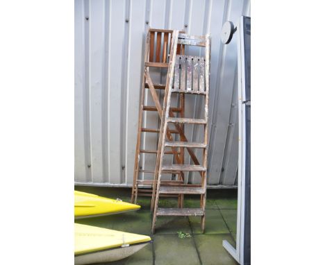 TWO VINTAGE WOODEN STEP LADDERS 196CM HIGH
