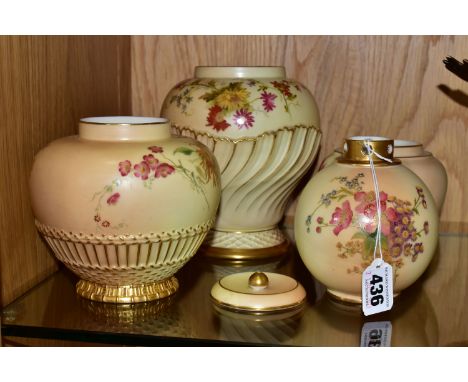 FIVE PIECES OF ROYAL WORCESTER BLUSH IVORY PORCELAIN, printed and tinted with floral sprays, comprising a pot pourri vase of 