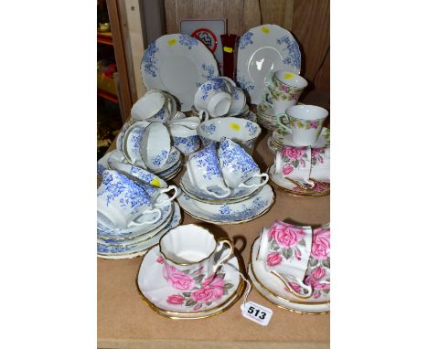 A GROUP OF CHINA TEAWARES, comprising Shelley  'Royalty' pattern three cups, six saucers, five tea plates, five Priory Dale '