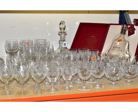 A QUANTITY OF CUT GLASS, comprising a boxed Hennessy Paradis Extra Rare Cognac decanter, four Stuart Crystal 'Regency' patter