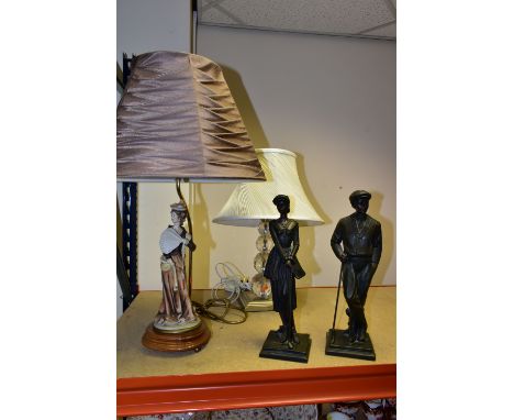 TWO TABLE LAMPS AND A PAIR OF BRONZED SCULPTURES, comprising a figural table lamp, height 45cm to top of brass fitting, a sat