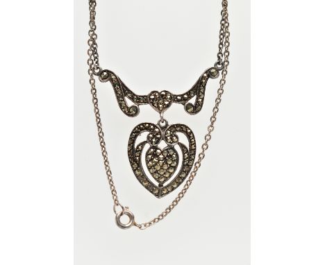 A WHITE METAL MARCASITE PENDANT NECKLACE, the openwork heart pendant set with marcasite, to a marcasite set surmount, fixed t