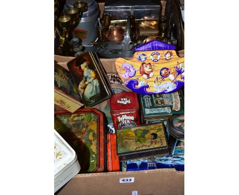 TWO BOXES OF ADVERTISING TINS AND OTHER METALWARES, tins to include The Public Benefit Boot Company, Sovereign Park Lane toff