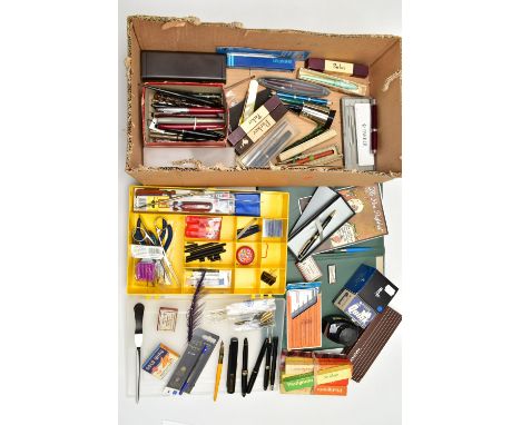 TWO BOXES OF ASSORTED VINTAGE AND MODERN FOUNTAIN PENS, to include various 'Platigum' fountain pens, Sheaffer, Paper Mate bal
