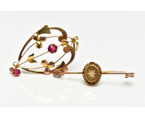 A VICTORIAN DIAMOND BROOCH AND A YELLOW METAL PENDANT, the brooch designed with a star set old cut diamond, in an oval mount 