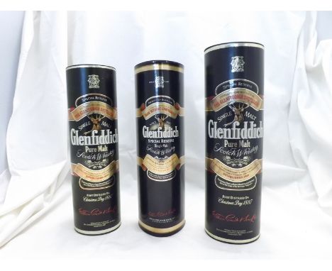 Three Cased Bottles comprising 1 litre single malt Glenfiddich Pure Malt Scotch Whisky plus Glenfiddich Special Reserve singl