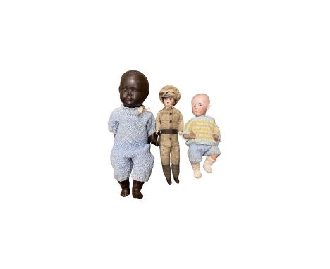 A trio of vintage dolls, to include: - German Heubach bisque head baby doll, wearing modern knitted outfit , marked to rear H