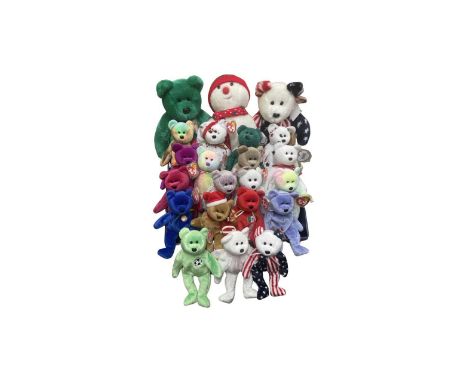 A collection of TY Beany Baby / Buddy bears, no duplicates, to include: - Snowboy (Buddy) - Spangle (Buddy) - Erin (Buddy - L