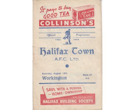 HALIFAX V WORKINGTON 1951/52          Halifax Town v Workington played 18/8/1951. Division 3 North fixture. Rare official pro