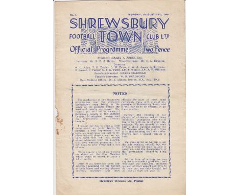 SHREWSBURY - MANSFIELD 49-50  Shrewsbury first team home programme v Mansfield Reserves, 29/8/49, Midland League, rusty stapl