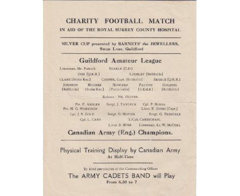 WARTIME 1943   Single sheet programme for Charity Football match between Guildford Amateur League  and Canadian Army (Eng) Ch