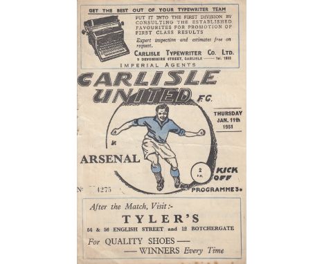 ARSENAL       Programme for the away FA Cup tie v. Carlisle United 11/1/1951, horizontal fold.   Generally good