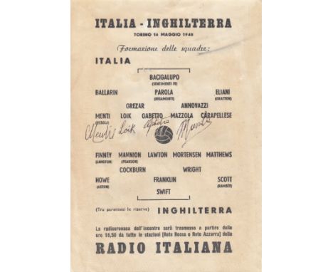 1948 ITALY V ENGLAND       Friendly played 16 May 1948 at Stadio Comunale, Turin. Very scarce single sheet programme. The pro