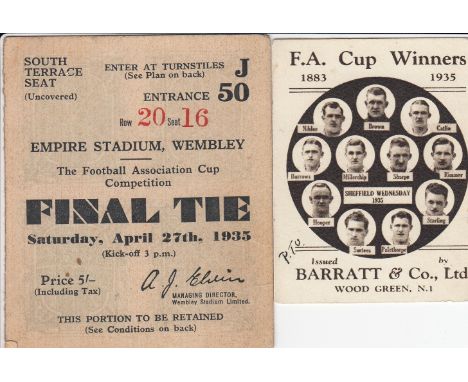 1935 CUP FINAL  Match ticket for the 1935 Cup Final , South Terrace seat Row 20 seat 16. Also included is a small card from B