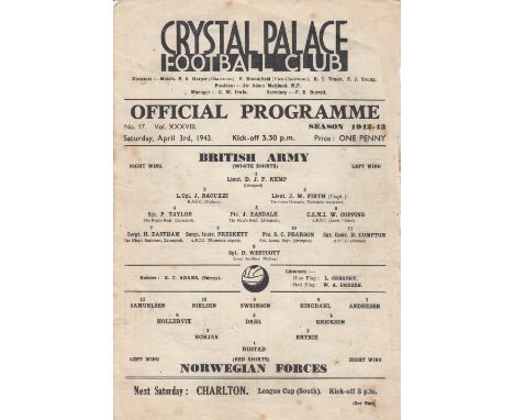 CRYSTAL PALACE      Single sheet programme British Army v Norwegian Forces at Selhurst Park 3rd April 1943. some creasing and