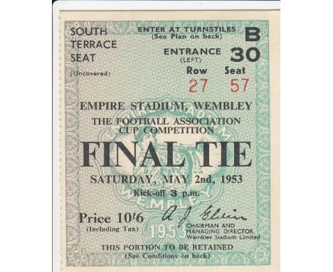 1953 CUP FINAL  Match ticket for 1953 Cup Final, South Terrace Seat.  Good