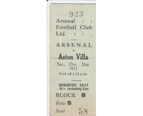 ARSENAL TICKET   Ticket stub Arsenal v Aston Villa October 31st 1931.      Generally good