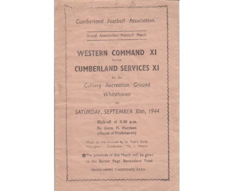 ARMY    Programme Western Command v Cumberland Services X1 at Whitehaven 30th September 1944. Western Command team included T