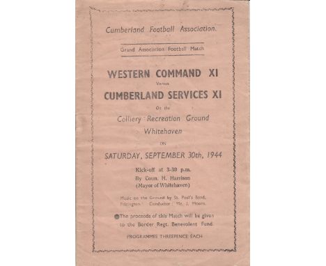 ARMY    Programme Western Command v Cumberland Services X1 at Whitehaven 30th September 1944. Western Command team included T