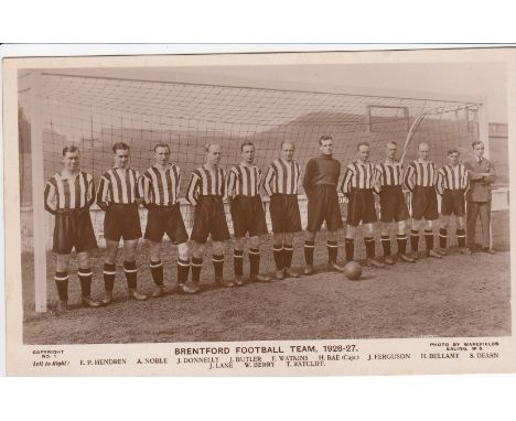 BRENTFORD 1926-27   Postcard, Brentford FC team group, 1926-27, players named, photo by Wakefield of Ealing.  Players on pitc